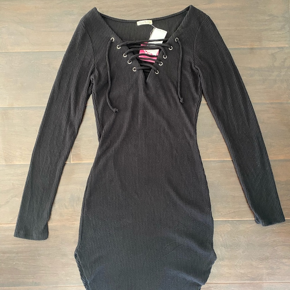 Black Long Sleeve Lace-up Sweater Bodycon Dress